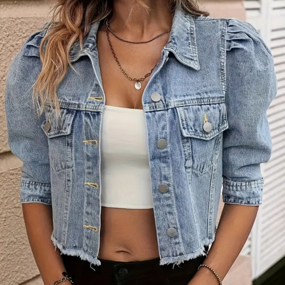 EUC Puff sleeve denim crop jean jacket 3XL - Picture 1 of 10